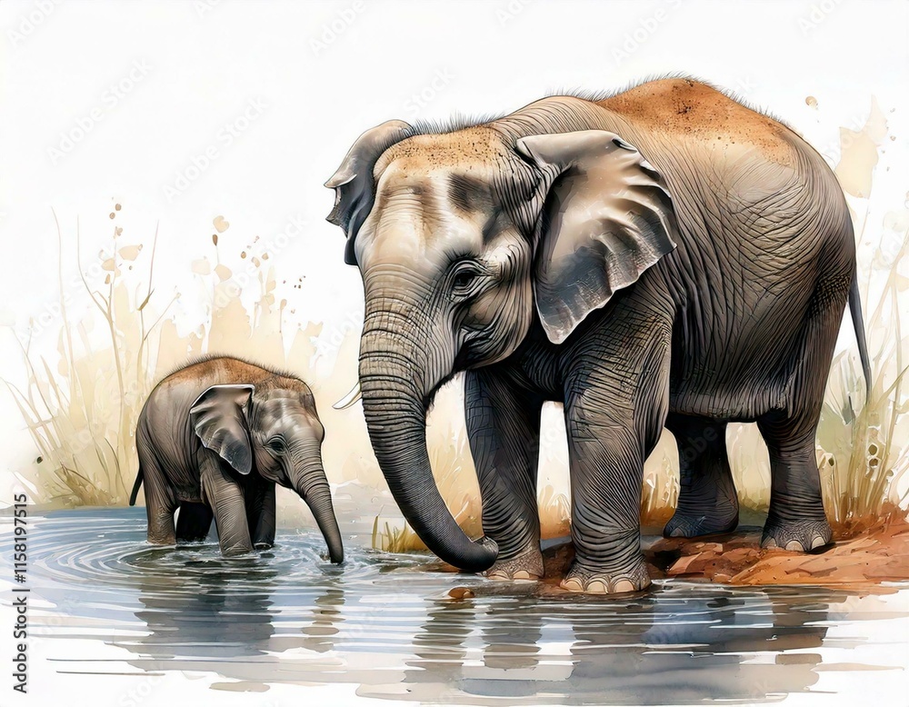 Fototapeta premium Elephant Mother and Calf in Artistic Watercolor Style