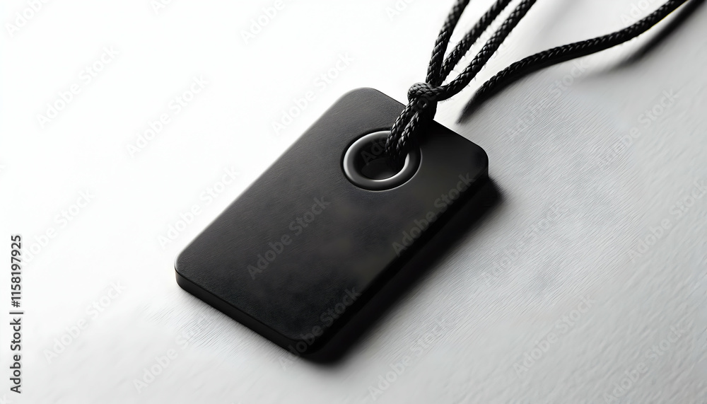 Fototapeta premium Denim A diagonal angle of a black rectangular tag with a small circular hole, showcasing the black string 1