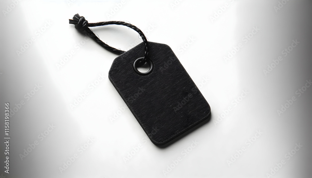 Fototapeta premium Denim A close-up view of a black rectangular tag with a small circular hole near the top center, with a bl1