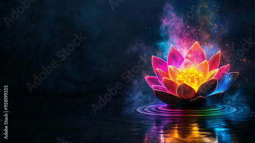 glowing lotus flower radiates vibrant colors, surrounded by neon ripples in dark, mystical setting. serene beauty evokes sense of tranquility and wonder