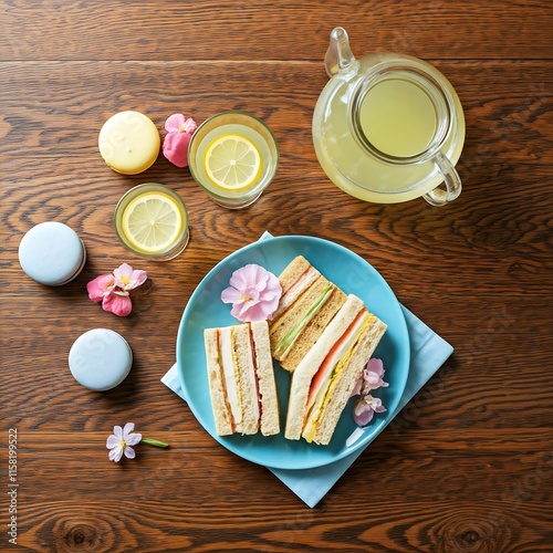  A table setup featuring sandwiches, lemonade, and colorful macarons,  a casual outdoor snack. photo