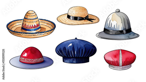 Watercolor Collection of Stylish Hats Sombrero Straw Hat Beret Pith Helmet