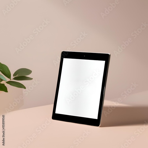 Black Tablet Resting on Stand with Leaves and Light Mauve Background