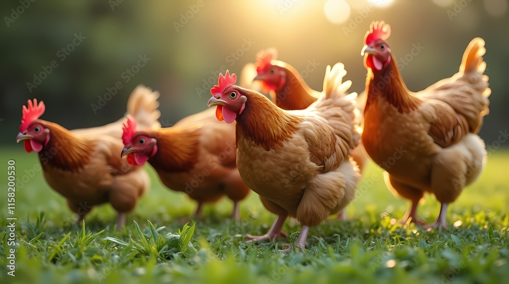 Fototapeta premium Chickens grazing on grass, free range farm