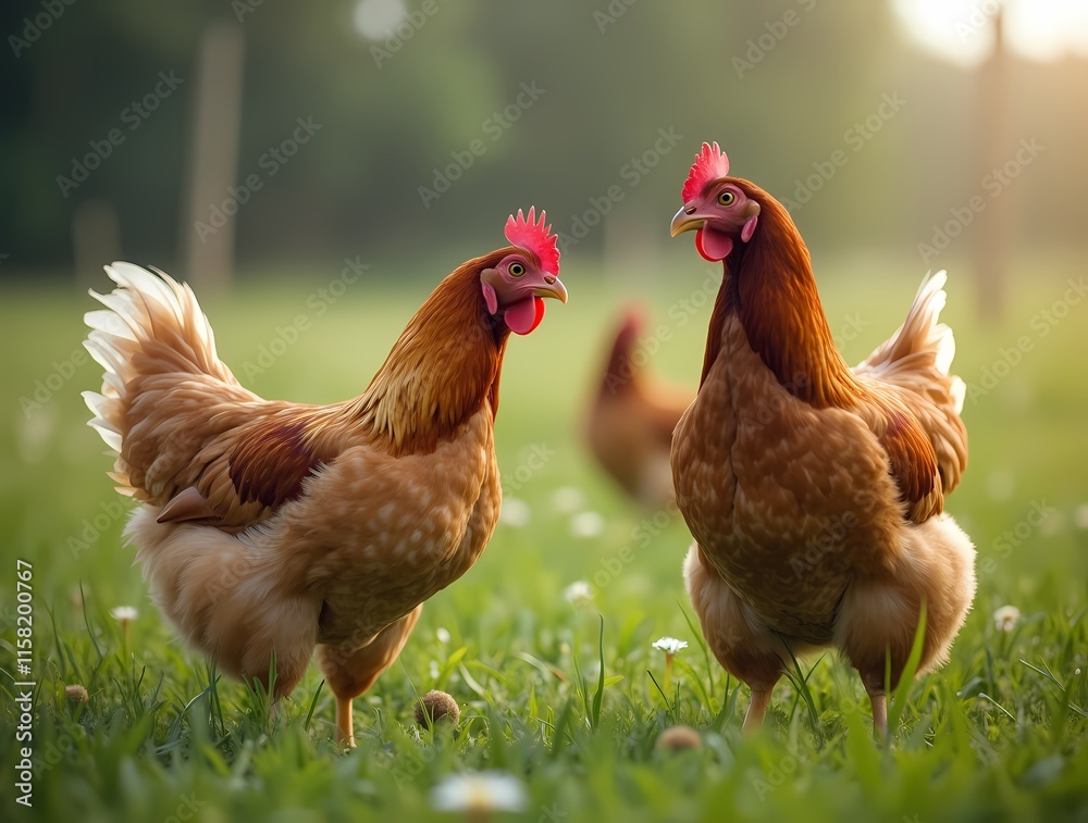 Fototapeta premium Chickens grazing on grass, free range farm