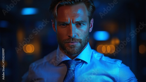 Confident Businessman in Blue Light at Night