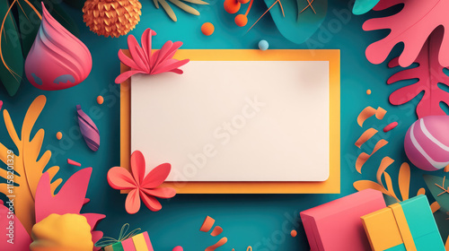 A colorful background with a white border