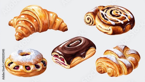 Delicious Bakery Pastry Assortment Croissants Cinnamon Rolls Chocolate and More photo