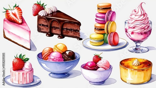 Delicious Watercolor Desserts Cakes Macarons Ice Cream Cr me br l e photo