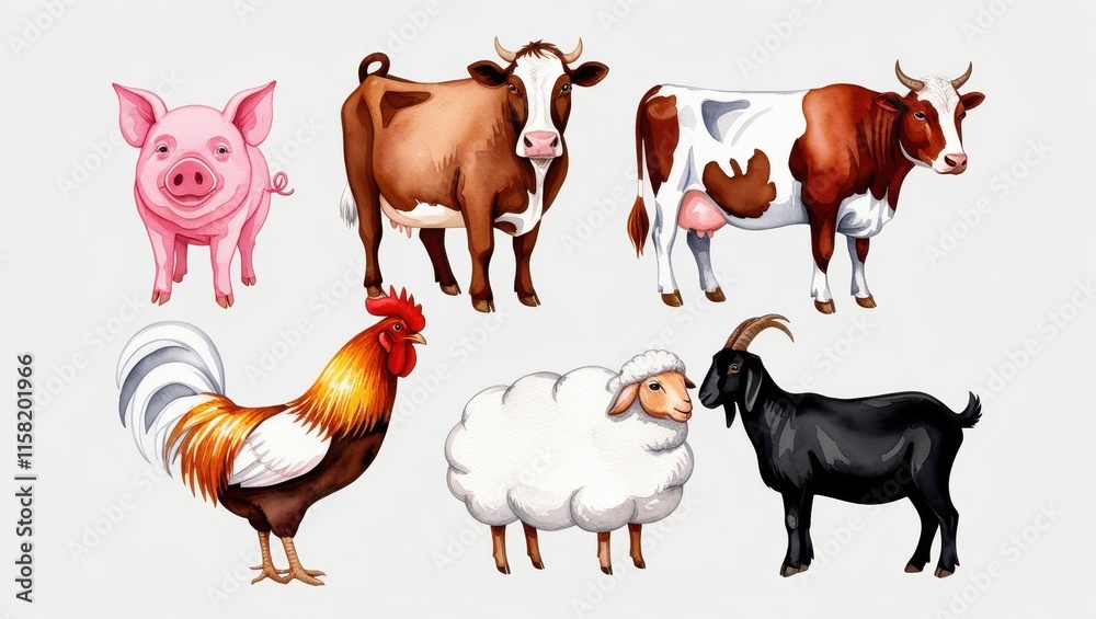Fototapeta premium Watercolor Farm Animals Pig Cows Rooster Sheep Goat Illustration