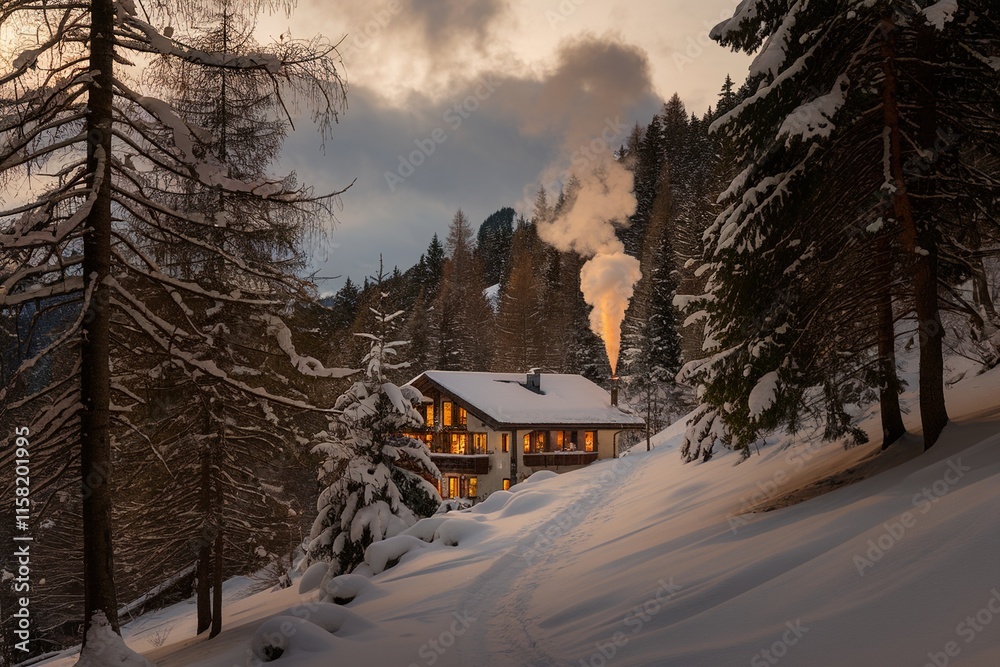 Cozy Cabin in Snowy Mountain Forest at Dusk Wallpaper Cozy Cabin in Snowy Mountain Forest at Dusk Wallpaper