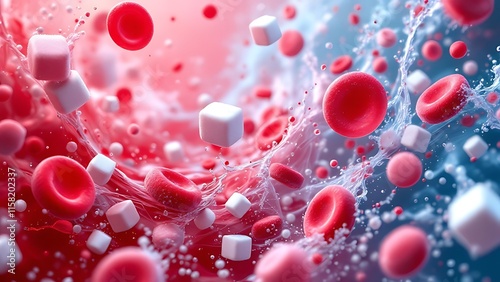 Red blood cells and sugar cubes representing high blood sugar and diabetes health issues.