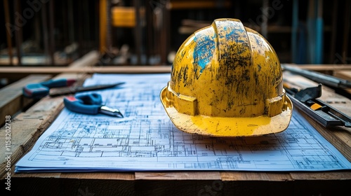 Construction Site: Hard Hat on Blueprints photo