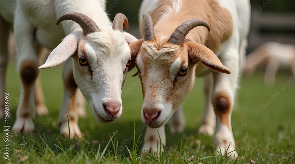 Goats grazing on grass, free range farm