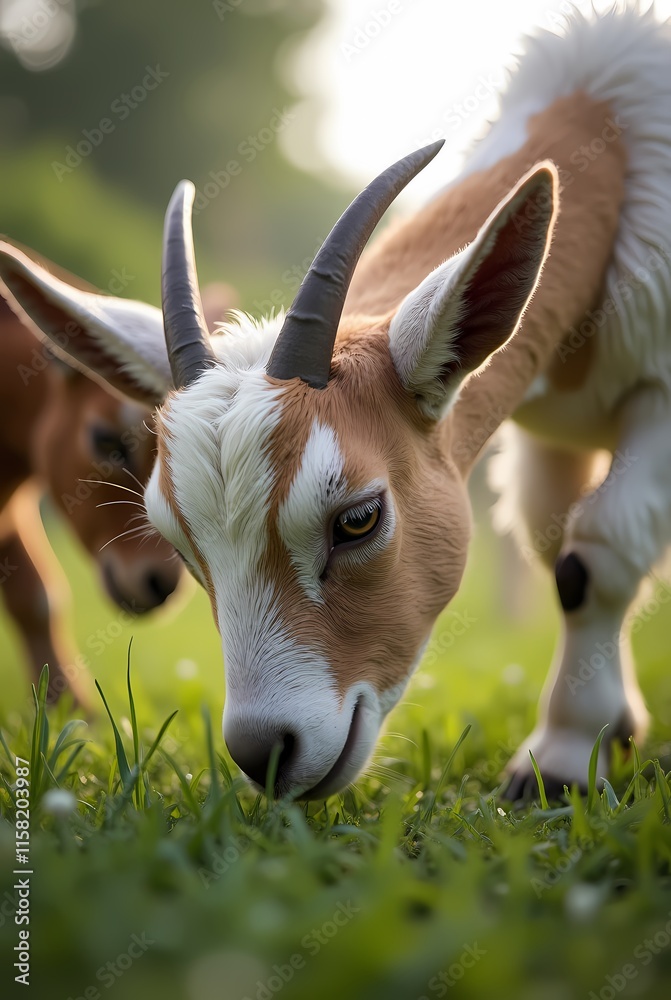 Goats grazing on grass, free range farm