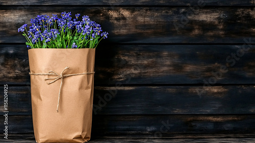 bouquet of forget me nots in brown paper wrap, tied with twine, against rustic wooden background. This charming arrangement adds touch of nature and beauty to any space photo