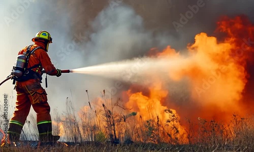 A firefighter battling a wildfire amidst smoke and flames in a natural landscape.