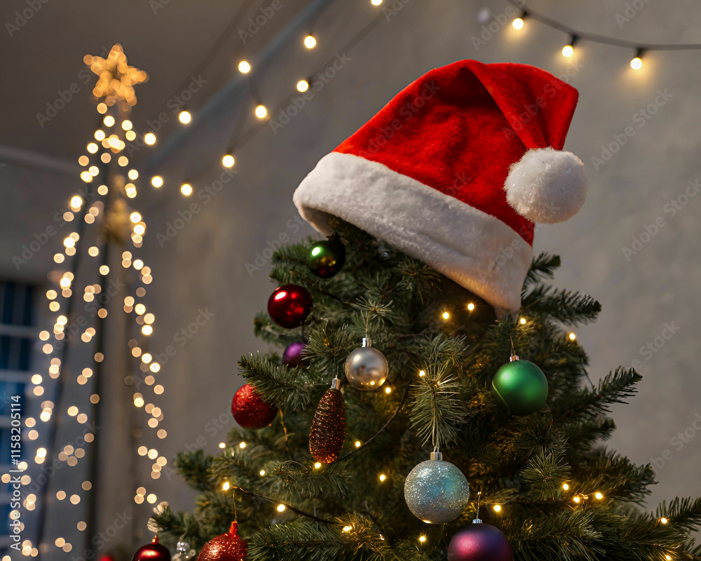 Obraz premium Christmas tree up Santa hat 