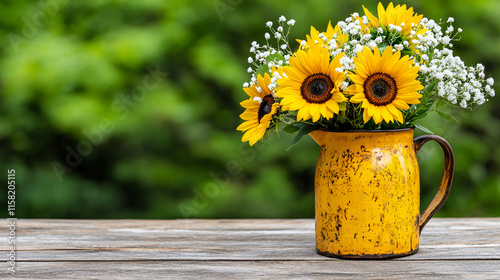 Bright yellow sunflowers and delicate white flowers in rustic yellow pitcher create cheerful and vibrant bouquet, perfect for adding touch of nature to any setting