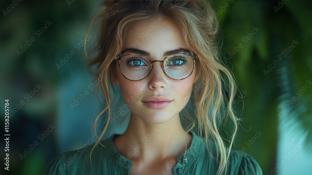 Portrait of a Young Woman with Glasses, Blonde Hair, and Green Eyes Portrait of a Young Woman with Glasses, Blonde Hair, and Green Eyes