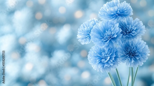 Close-up of a bouquet of light blue flowers against a bokeh background.