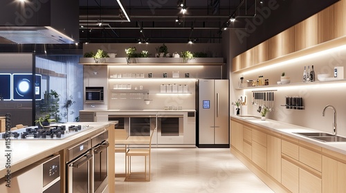 A home appliances showroom with a clean layout, showcasing kitchen equipment and smart home devices in styled setups