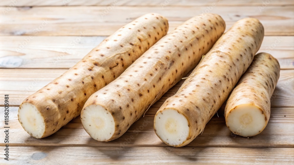 Long yams, also known as nagaimo or Chinese yam, is a root vegetable with a thin Long yams, also known as nagaimo or Chinese yam, is a root vegetable with a thin
