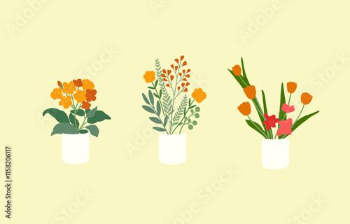 Set of interior flower decoration with vase vector illustration. Hand-drawn style.