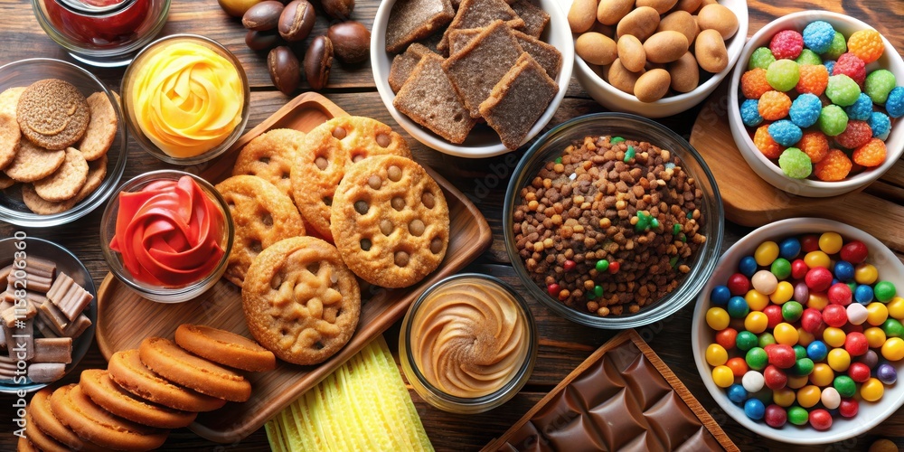 set of various sweets including chocolate, cookies, candy, potato chips, and custard pudding, sweets,set, chocolate set of various sweets including chocolate, cookies, candy, potato chips, and custard pudding, sweets,set, chocolate