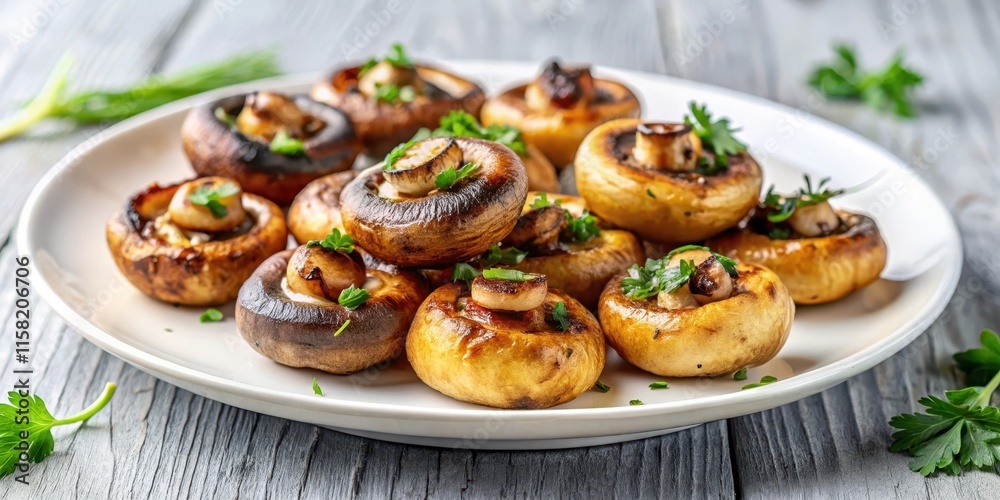 Close-up of delicious grilled champignons on a white plate, grilled, champignons, mushrooms, food, vegetarian Close-up of delicious grilled champignons on a white plate, grilled, champignons, mushrooms, food, vegetarian