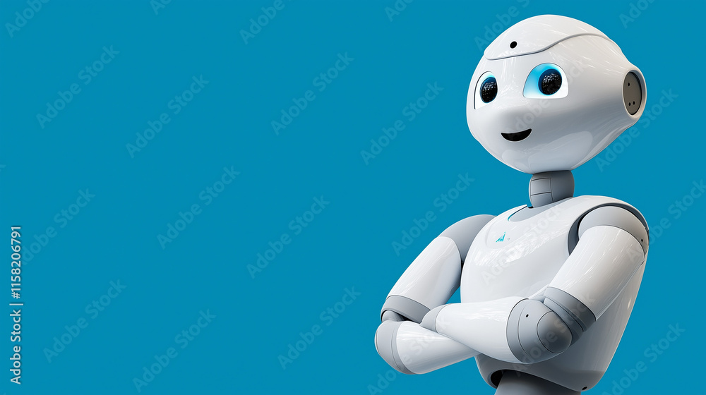 Fototapeta premium Futuristic Humanoid AI Robot with Sleek White Metallic Body and Gradient Blue Background for Modern Technology Concept