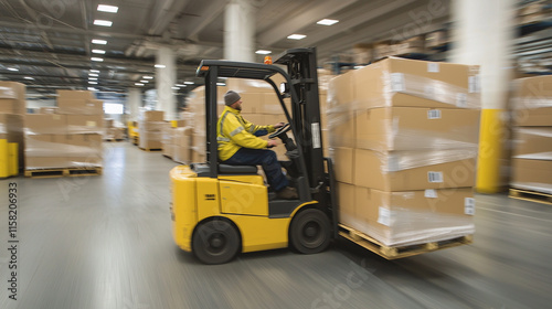 Forklift Operator in Busy Warehouse: A worker skillfully maneuvers a yellow forklift through a bustling warehouse, transporting a stack of goods.