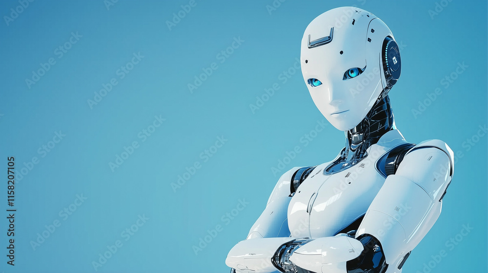Futuristic Humanoid AI Robot with Sleek White Metallic Body and Gradient Blue Background for Modern Technology Concept