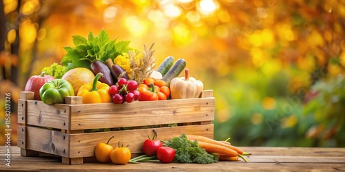 Fresh produce in a rustic wooden crate with a blurred background of autumnal foliage , fresh, produce