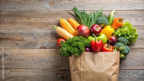 Fresh fruits and vegetables in a paper bag , healthy, organic, grocery, farm fresh, natural, eco-friendly, sustainable, market