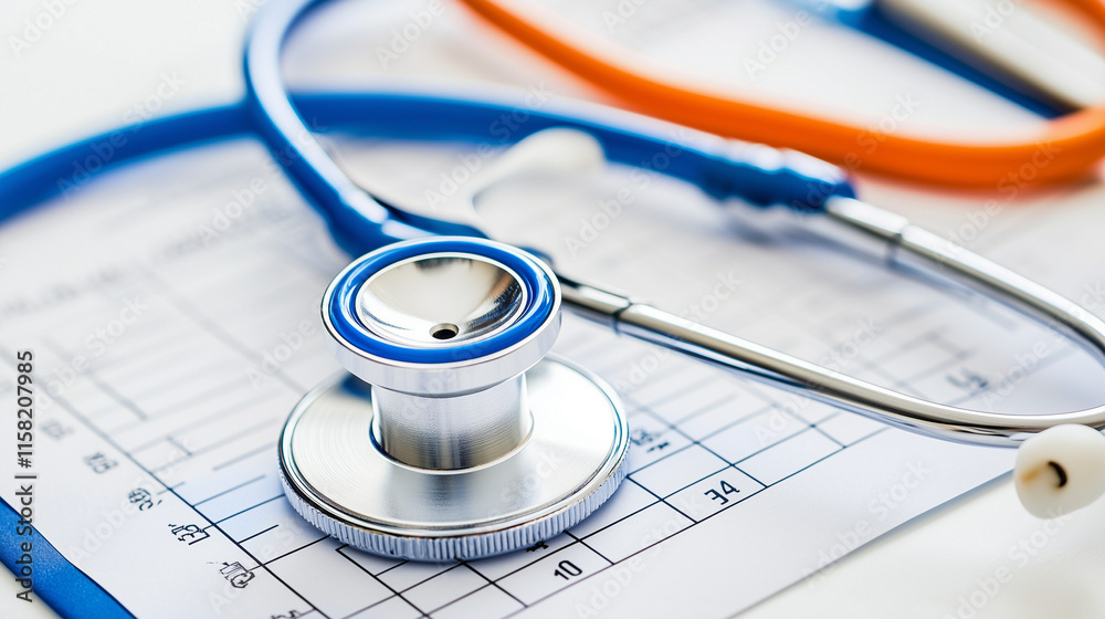 Medical Checkup: Close-up of a stethoscope on a medical chart, representing healthcare, examination, and medical diagnostics. Medical Checkup: Close-up of a stethoscope on a medical chart, representing healthcare, examination, and medical diagnostics.