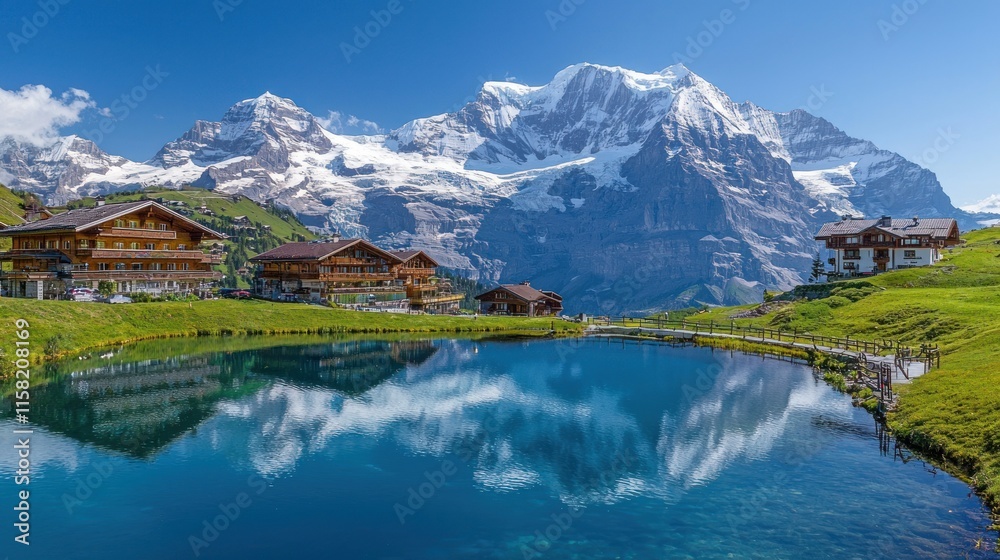 Fototapeta premium Scenic mountain landscape with a tranquil lake reflecting snowy peaks.