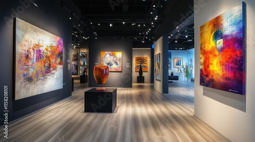 An art gallery-style showroom with abstract paintings and sculptures displayed under elegant lighting photo