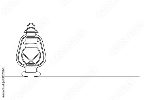 Kerosene lantern one line drawing. Line art paraffin lamp. Hand drawn art, Continuous one line drawing backpack. Outline drawing of a kerosene lamp with handle and wick, lantern. Vector illustration