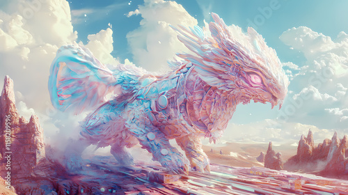 Watercolor tones paint a pastel chimera animated in 3d against a futuristic backdrop style Chimera. Illustration photo