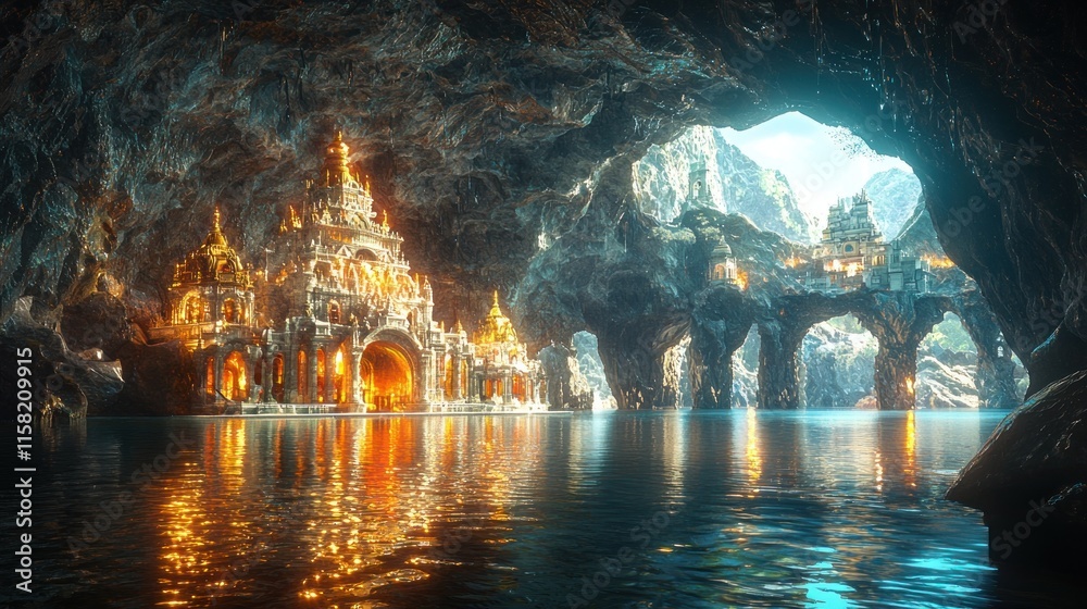 Fototapeta premium A mystical cave with illuminated structures reflecting on water.