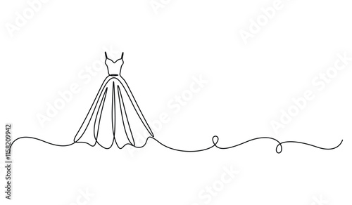 Wedding dress in one continuous line drawing vector illustration