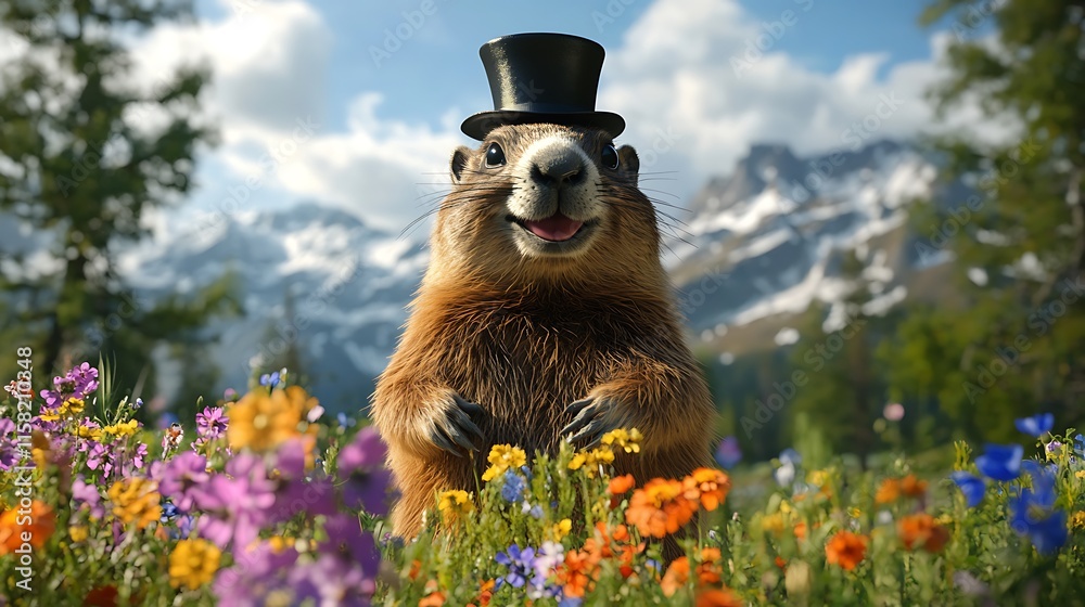 Fototapeta premium Happy Cartoon Groundhog in Spring Meadow with Flowers – Fun Wildlife Illustration