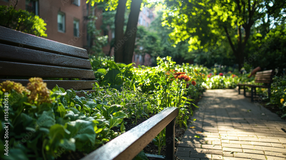 serene urban garden with wooden benches, vibrant flowers, and lush greenery under dappled sunlight serene urban garden with wooden benches, vibrant flowers, and lush greenery under dappled sunlight