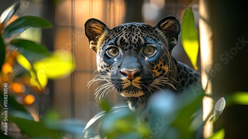 Close-up of a melanistic leopard peering through foliage. photo