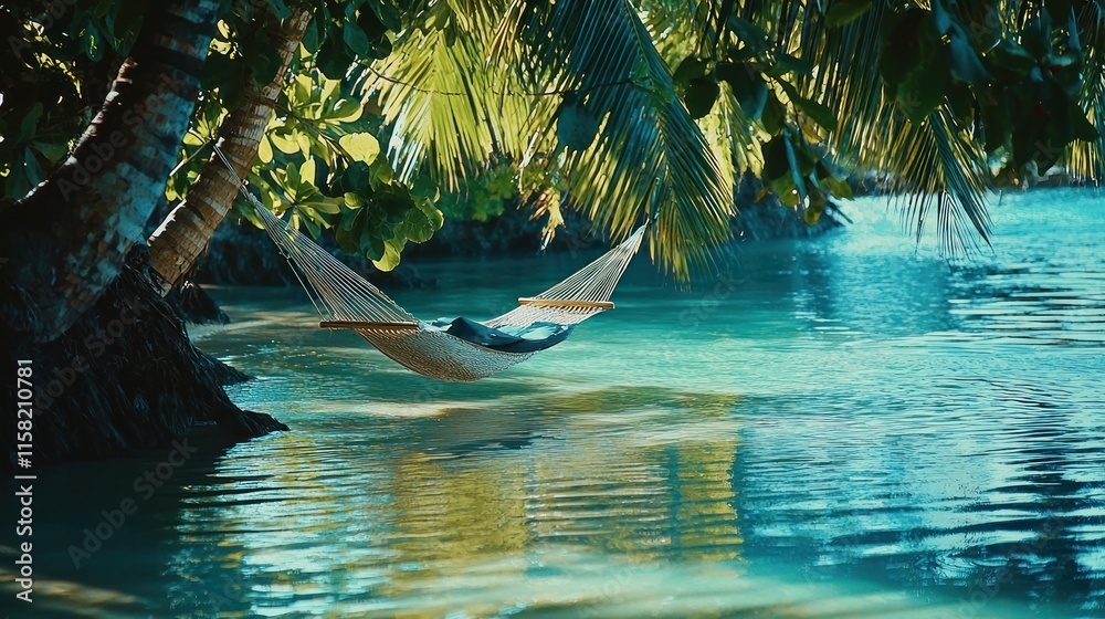 Fototapeta premium A tranquil hammock hangs between palm trees over calm, turquoise waters, inviting relaxation.
