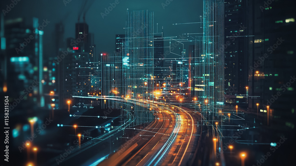 Smart digital Innovation city with connection network reciprocity over the cityscape. of future smart wireless digital city and social media networking systems that connects people with in city Smart digital Innovation city with connection network reciprocity over the cityscape. of future smart wireless digital city and social media networking systems that connects people with in city