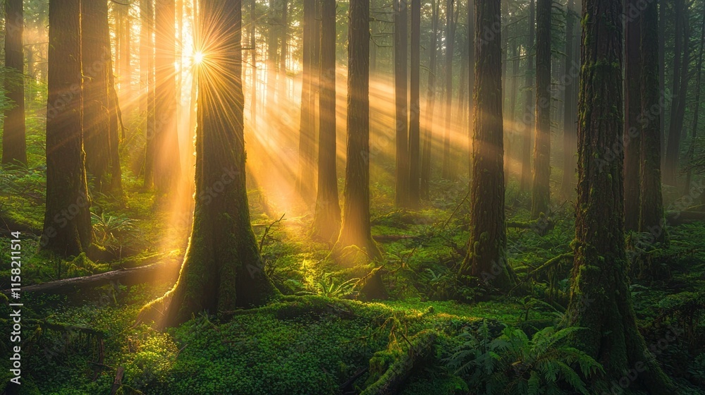 Fototapeta premium A serene forest scene with sunlight filtering through trees, creating a tranquil atmosphere.