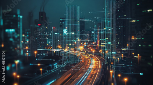 Smart digital Innovation city with connection network reciprocity over the cityscape. of future smart wireless digital city and social media networking systems that connects people with in city