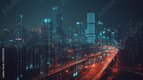 Smart digital Innovation city with connection network reciprocity over the cityscape. of future smart wireless digital city and social media networking systems that connects people with in city